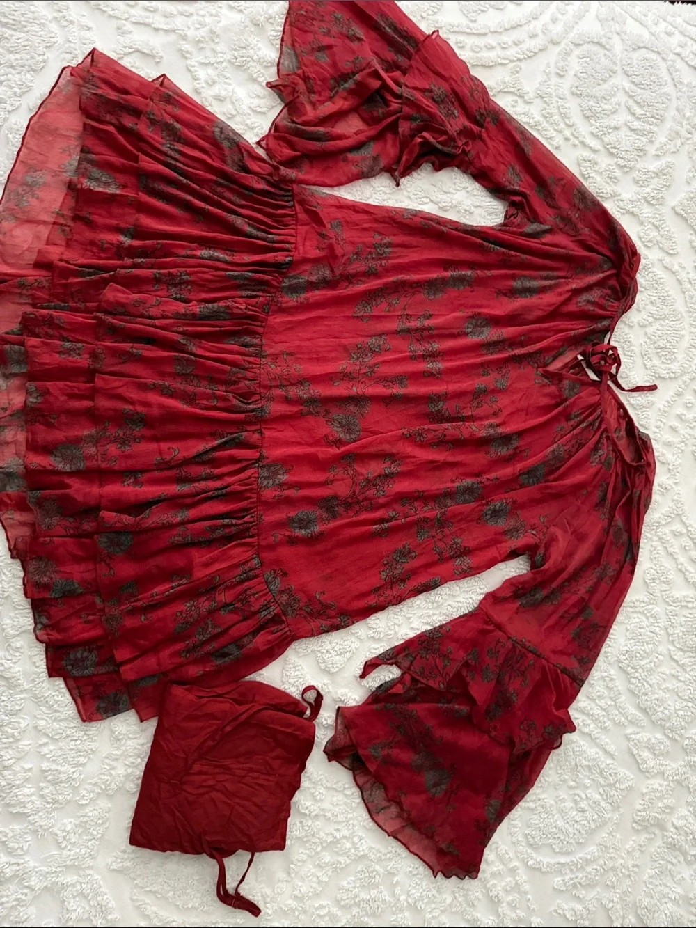Free People Red Floral Tie-Neck Ruffle Tunic